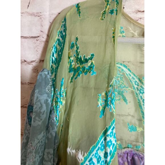 Ania. A Silk Kimono Top Womens XL Velvet Burnout Pastel Paisley Open Front Artsy - Picture 5 of 15